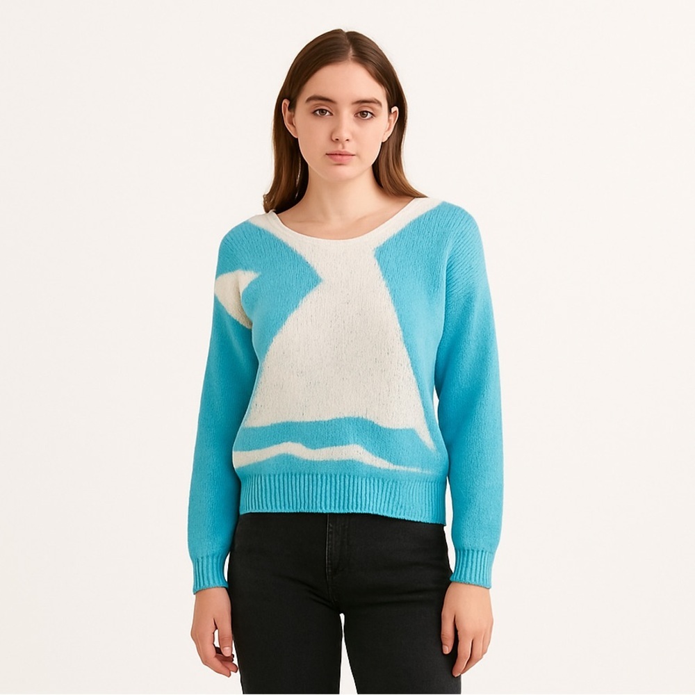 Vintage Bright Blue White Mixed Knit Sweater